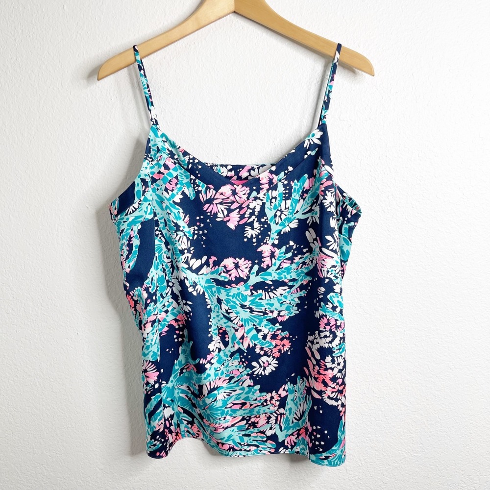 Lilly Pulitzer Floral Camisole Top XL Navy Pink Floral Coral Tank
